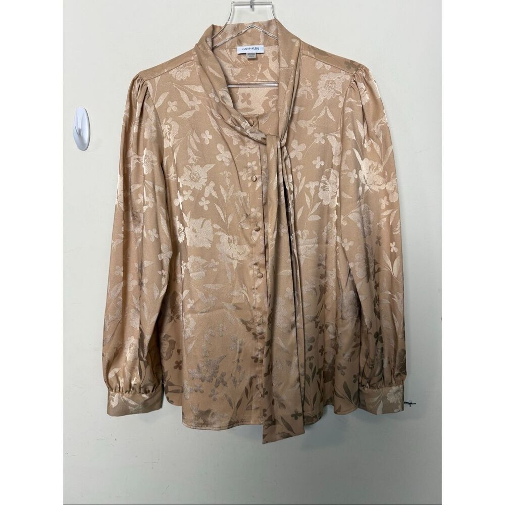 Calvin Klein Taupe Gold Floral Silky Dressy Tie Neck Blouse Size L Workwear Offi
